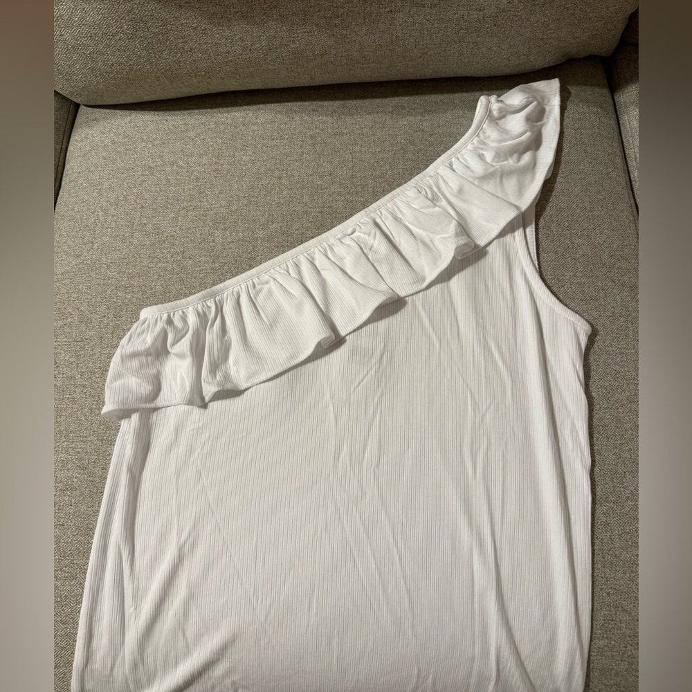 Loft White Ruffle Ribbed One Shoulder Tank Top - Picture 3 of 4
